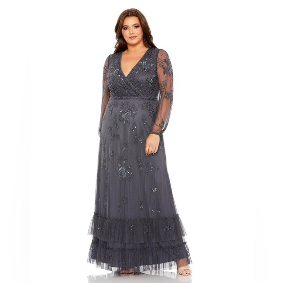 NWT $798 MAC DUGGAL Puff Sleeve V-Neck TIered Embellished Gown DRESS Plus 9247